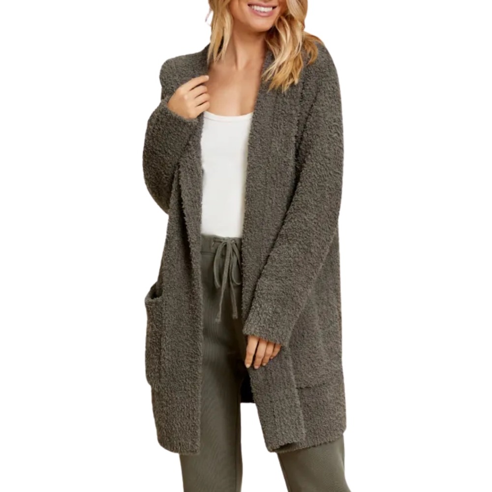 Barefoot Dreams CozyChic Hooded Knit Cardigan Sweater Women Large Green Gray